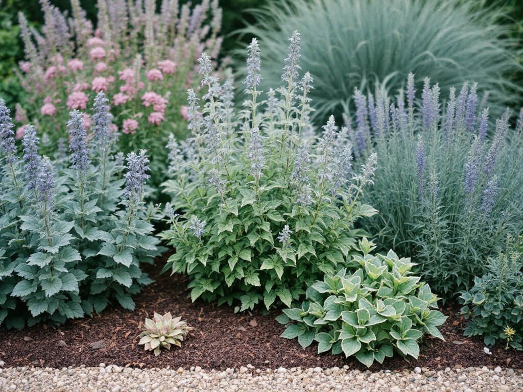 Layered sunny border with catmint and stonecrop in front, Russian sage in the middle, and switchgrass behind