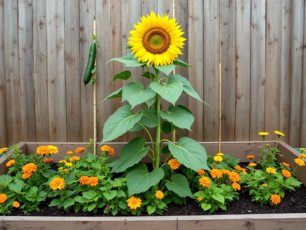Tall sunflower in a raised bed with cucumber on a stake and marigolds and nasturtiums planted low in front.