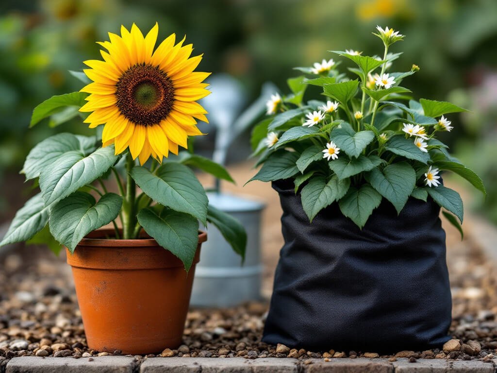 A sunflower in a terracotta pot beside a flowering potato plant in a separate fabric grow bag.