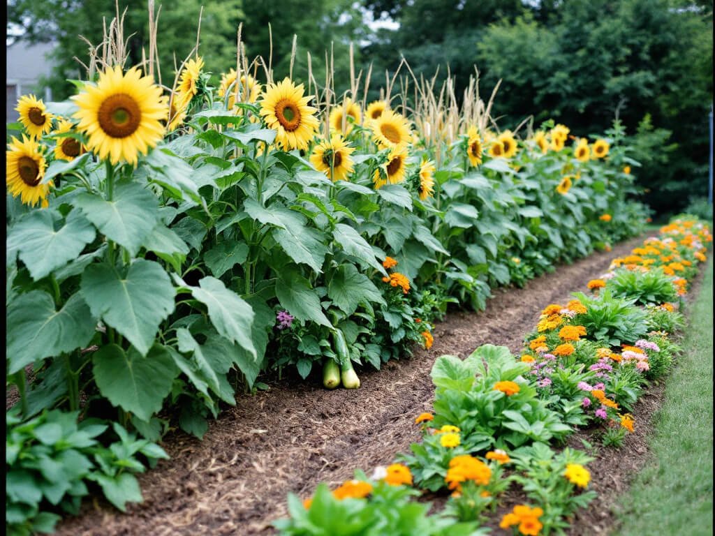 Layered garden bed with sunflowers at the back, squash and cucumber in the middle, and low flowers and basil in front.