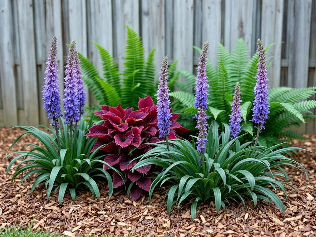 Liriope with violet flower spikes growing in a shade border alongside burgundy heuchera and a Christmas fern.