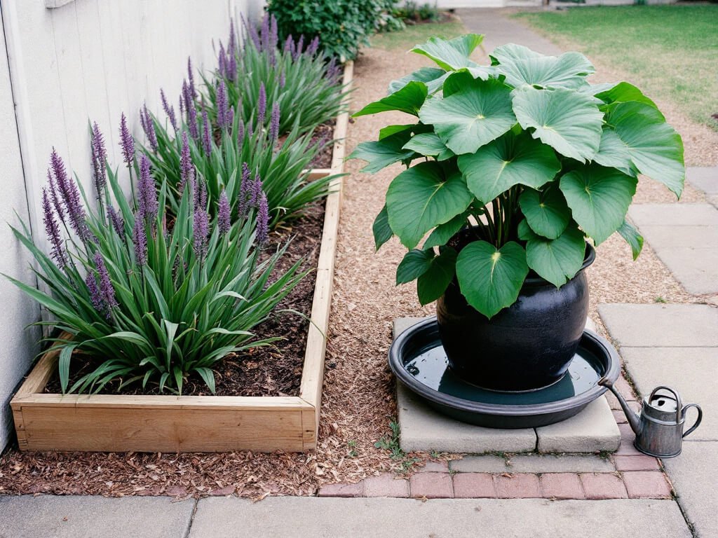 Liriope in a well-drained raised bed beside a separate pot of taro standing in a saucer of water.