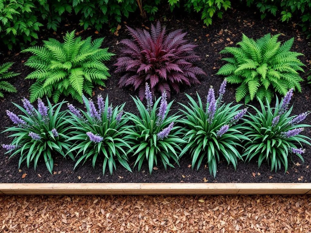 Top-down view of a garden bed with evenly spaced liriope clumps in front of heuchera and Christmas fern.