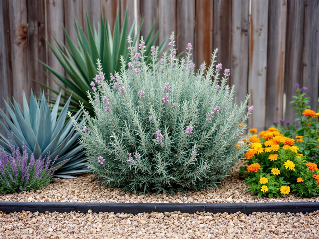 Texas sage shrub growing in a gravel bed with agave, yucca, lavender, and lantana beside a wooden fence.