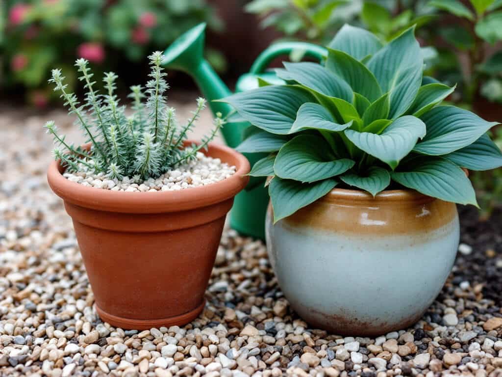 Texas sage in a dry gravelly terracotta pot next to a separate pot of hosta in damp soil.