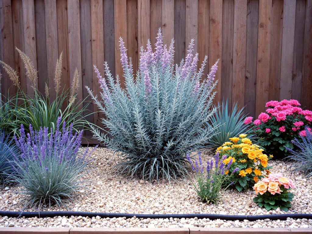 Texas sage in the center of a gravel bed with yucca and agave behind and grasses, lavender, and lantana spaced in front.