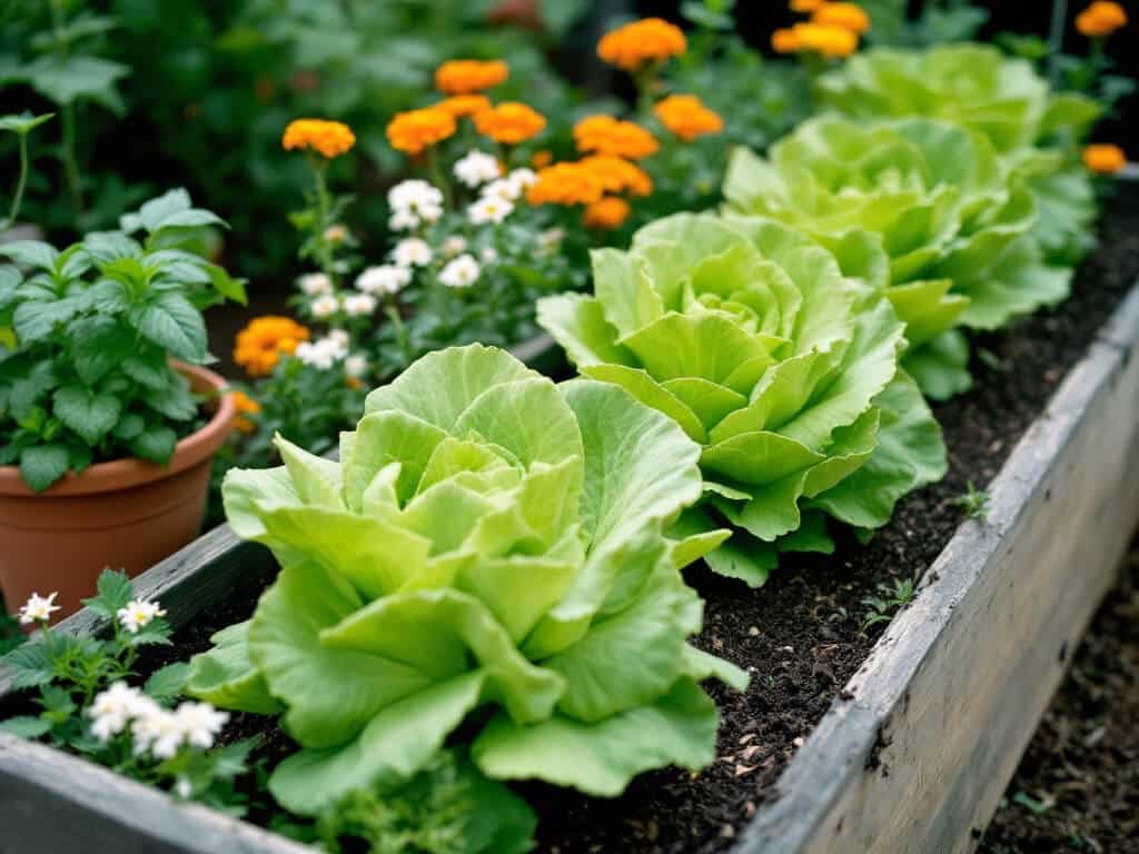 Raised bed layout with spaced butterhead lettuce, alyssum edging, radishes, marigolds, nasturtiums, and basil in a pot.