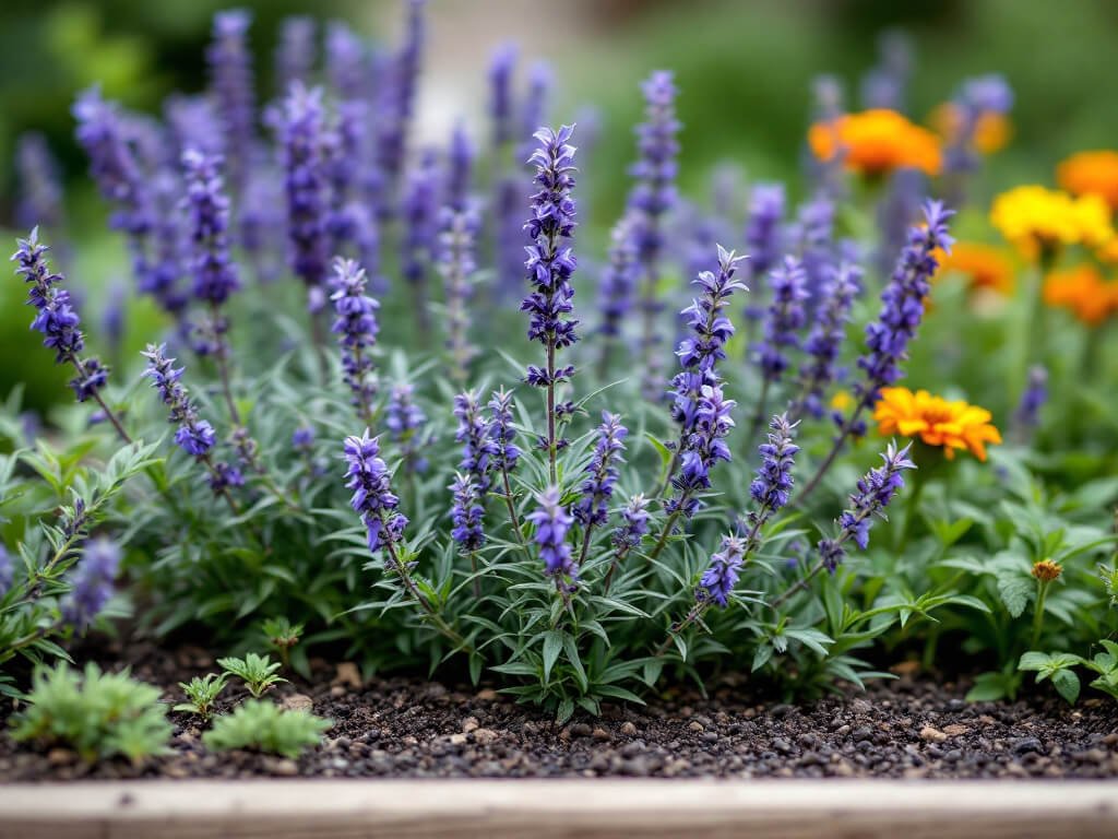 Violet-blue salvia spikes growing with lavender, creeping thyme, and orange calendula in a raised garden bed.