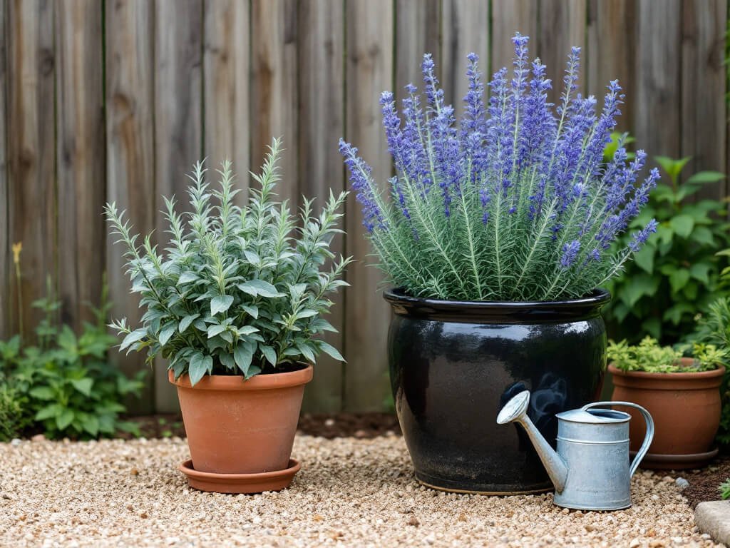 Culinary sage in a dry terracotta pot beside Salvia uliginosa in a separate pot of damp soil on a patio.