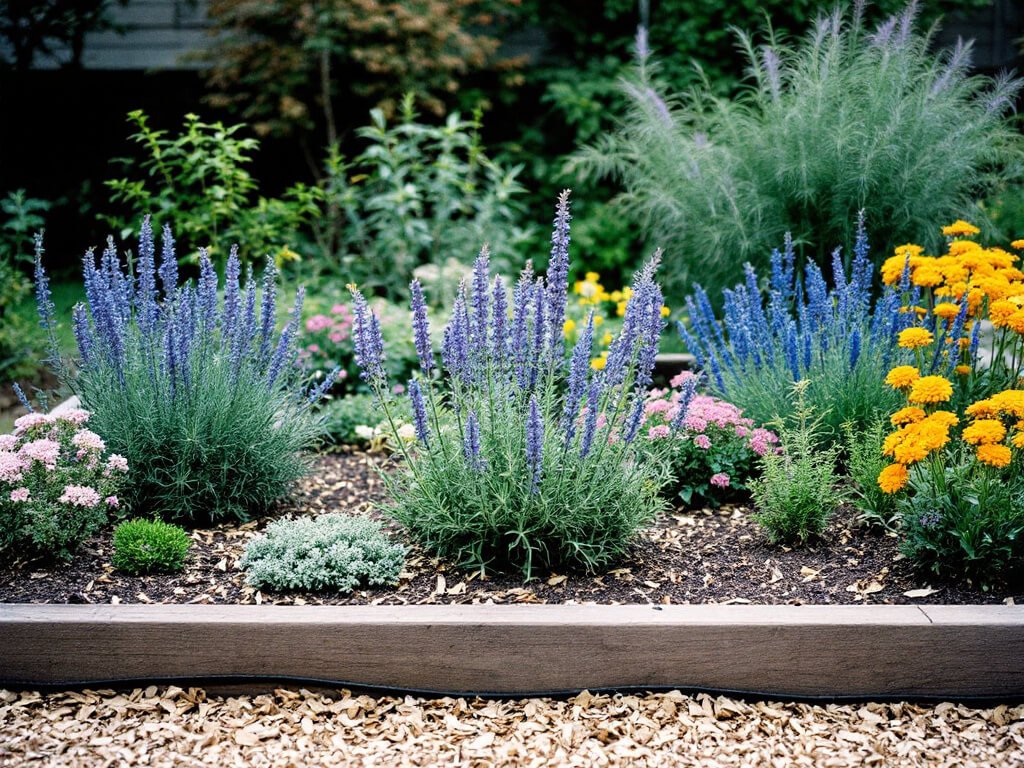 Raised bed with spaced salvia, rosemary, oregano, lavender, thyme, calendula, and fennel arranged for airflow.