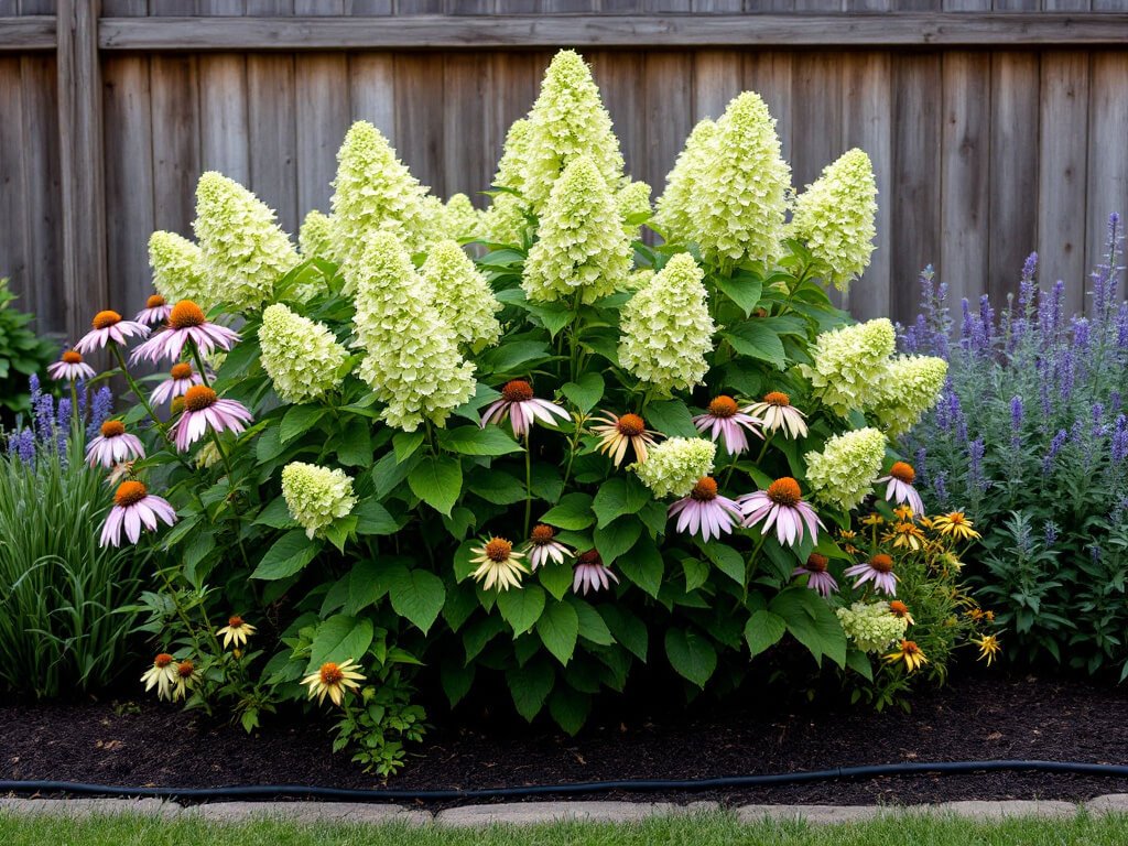 Limelight hydrangea with purple coneflower, black-eyed Susan, and catmint growing together in a home garden border.