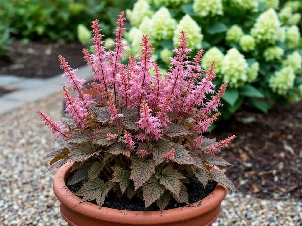 Potted astilbe with pink plumes in the foreground and a Limelight hydrangea in a separate garden bed behind.