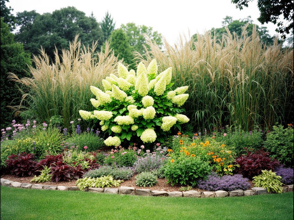 Tiered garden bed with Limelight hydrangea at the back, grasses and perennials in the middle, catmint and coral bells in front.