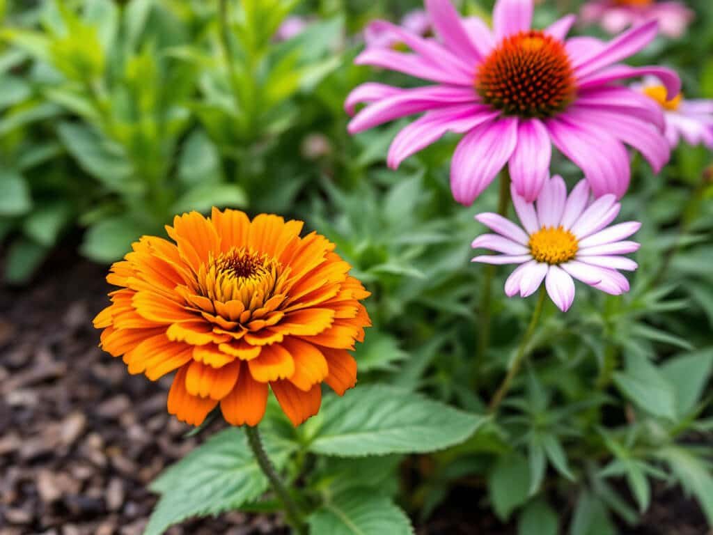 Orange zinnia flower growing with purple coneflower and pink cosmos in a mulched home garden border.