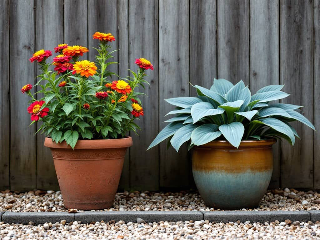 Zinnias in a sunny terracotta pot beside a hosta in a separate pot in fence shade on a patio.
