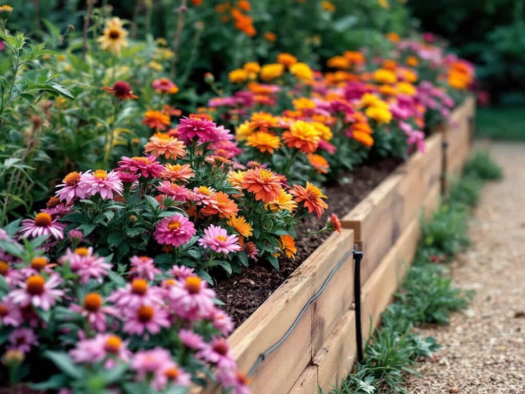 Evenly spaced zinnias in a cedar raised bed with a front row of purple coneflowers and a drip line.