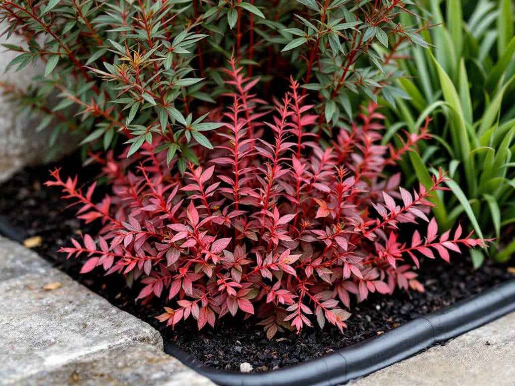 Nandina shrub with bronze heuchera and liriope growing at its base in a home garden border.