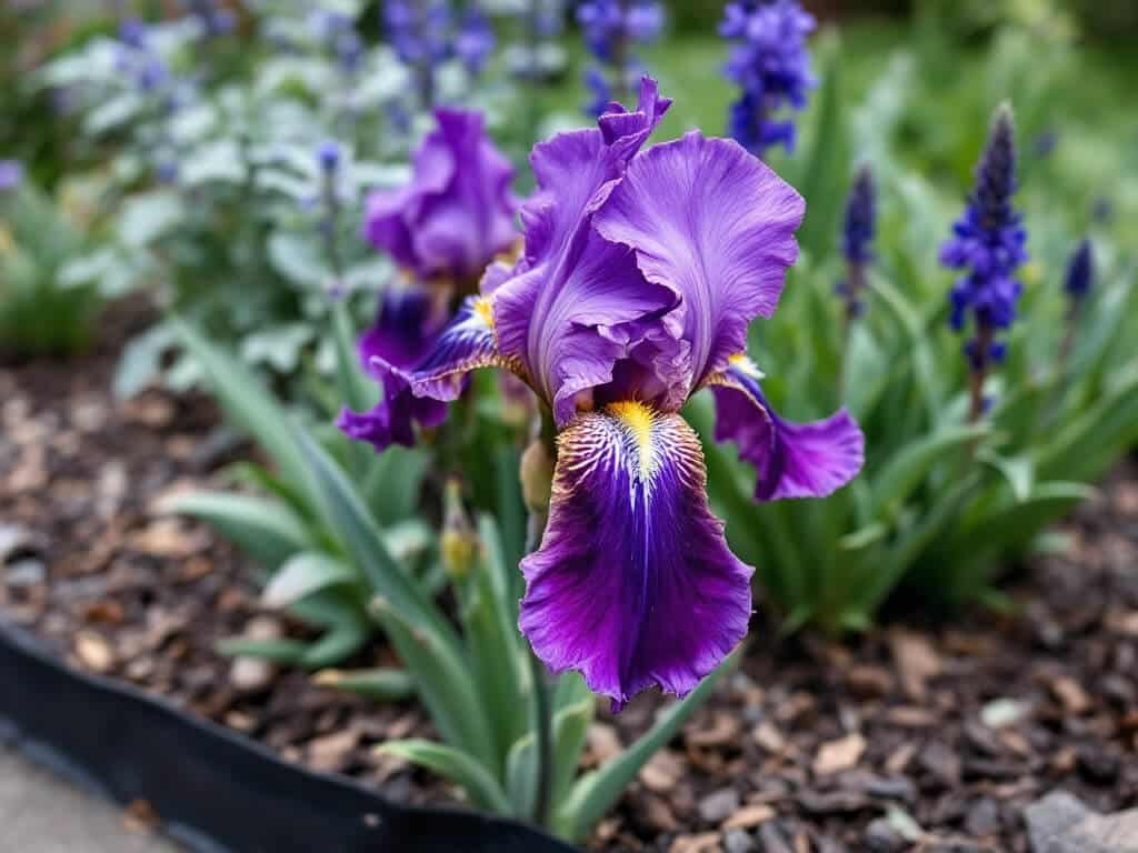 Purple bearded iris blooming in a garden border beside catmint and blue salvia