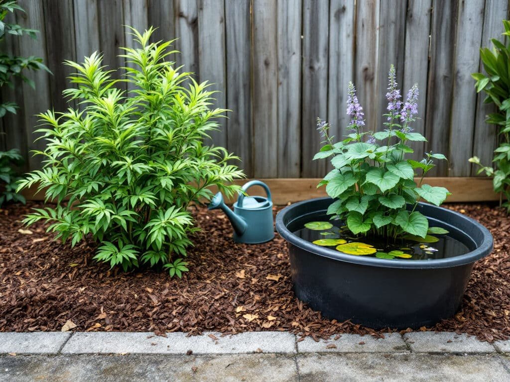 Nandina in a raised bed beside a separate tub of standing water holding pickerelweed in a home garden.