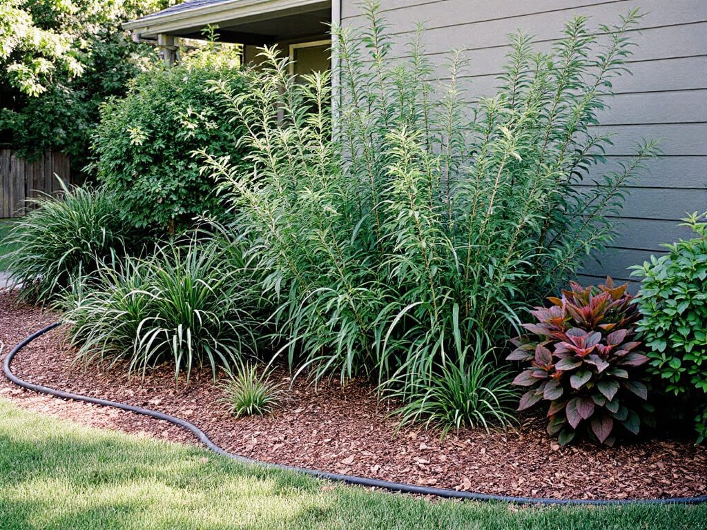 Nandina at the back of a mulched bed with liriope, sedge, and heuchera spaced in front of it.