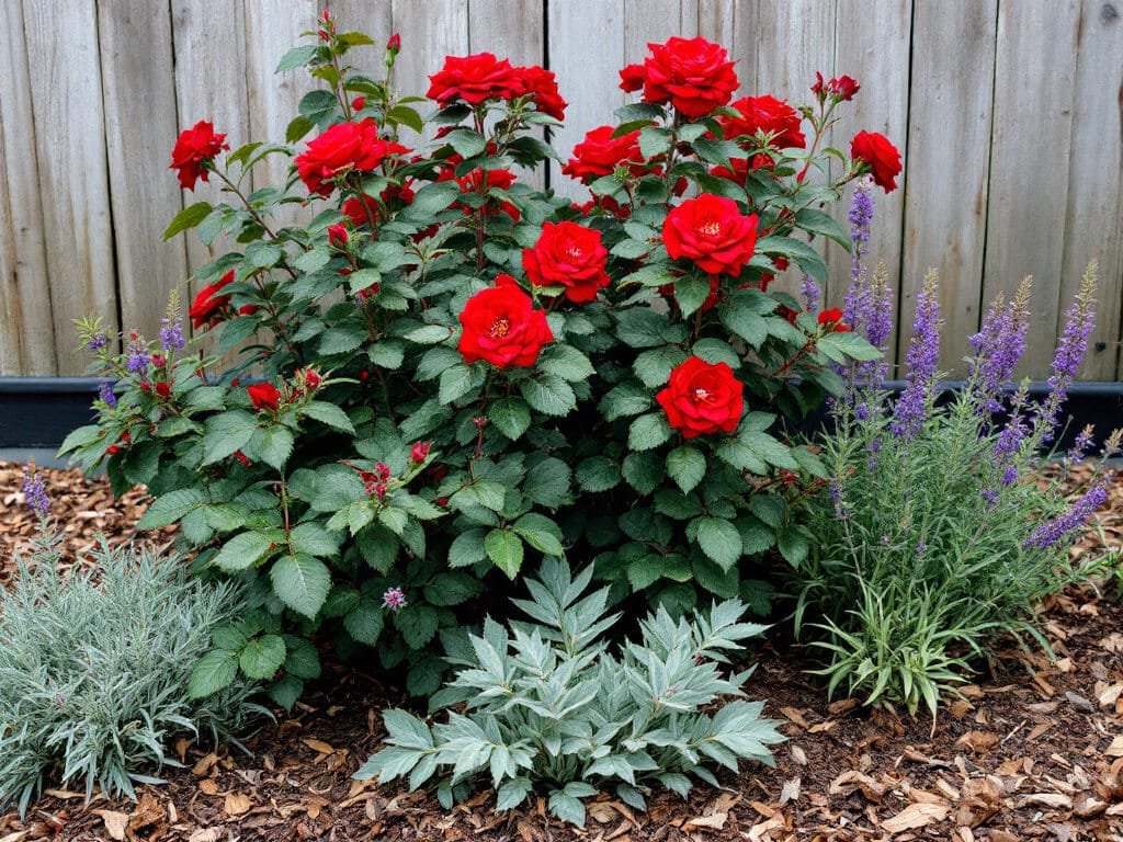 Knock Out rose with catmint, lavender and purple coneflower growing together in a home garden border.