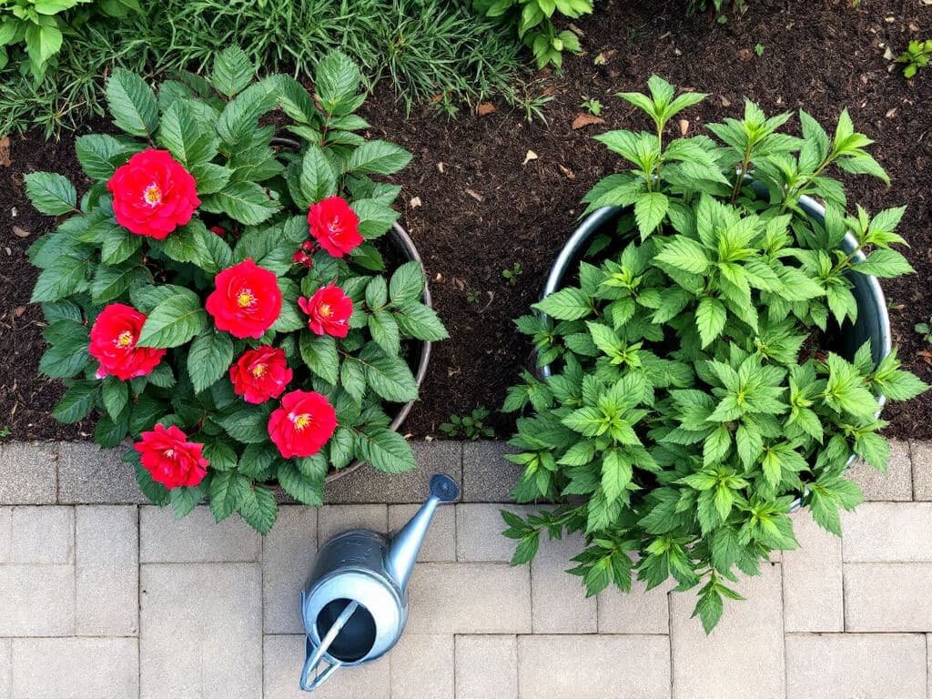 Knock Out rose in a raised bed beside a separate tub of spreading spearmint, viewed from above.