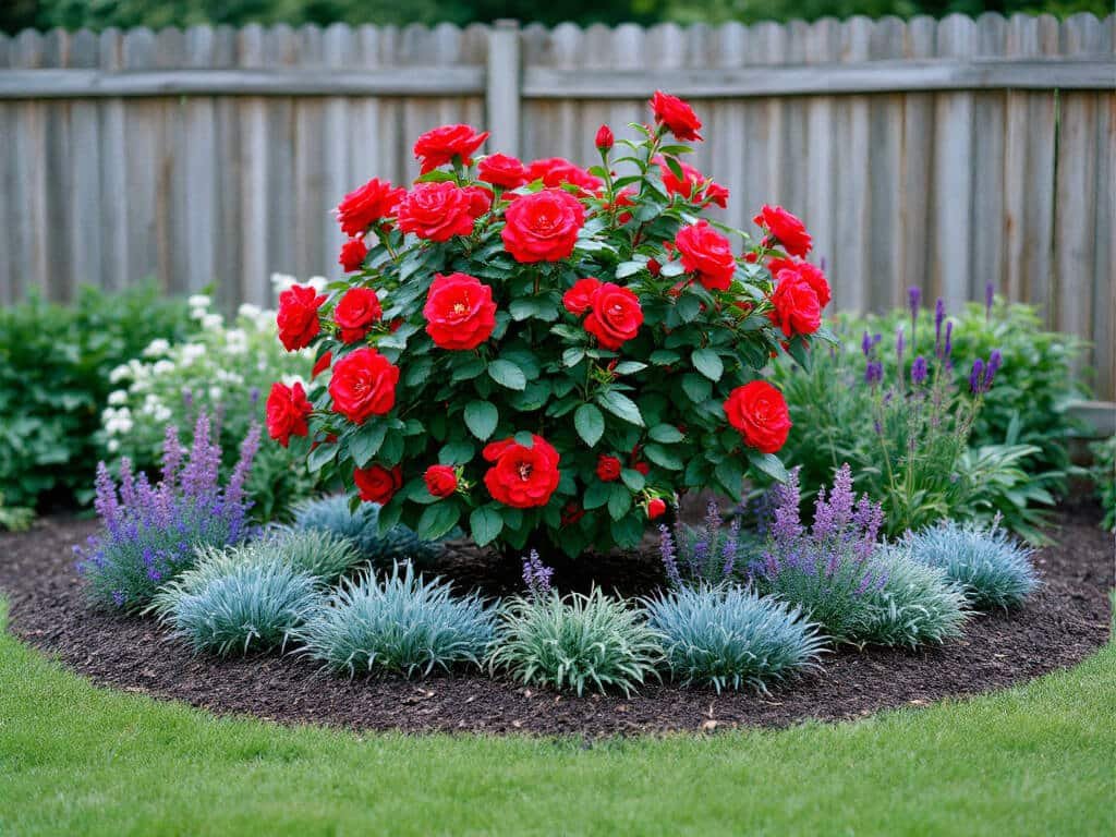 Knock Out rose at the center of a garden bed ringed by thyme, blue fescue, catmint, salvia and coneflower.