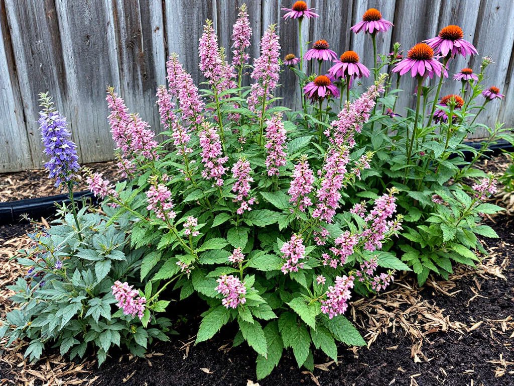 Pink-flowered spirea growing in a raised bed with catmint in front and purple coneflowers behind