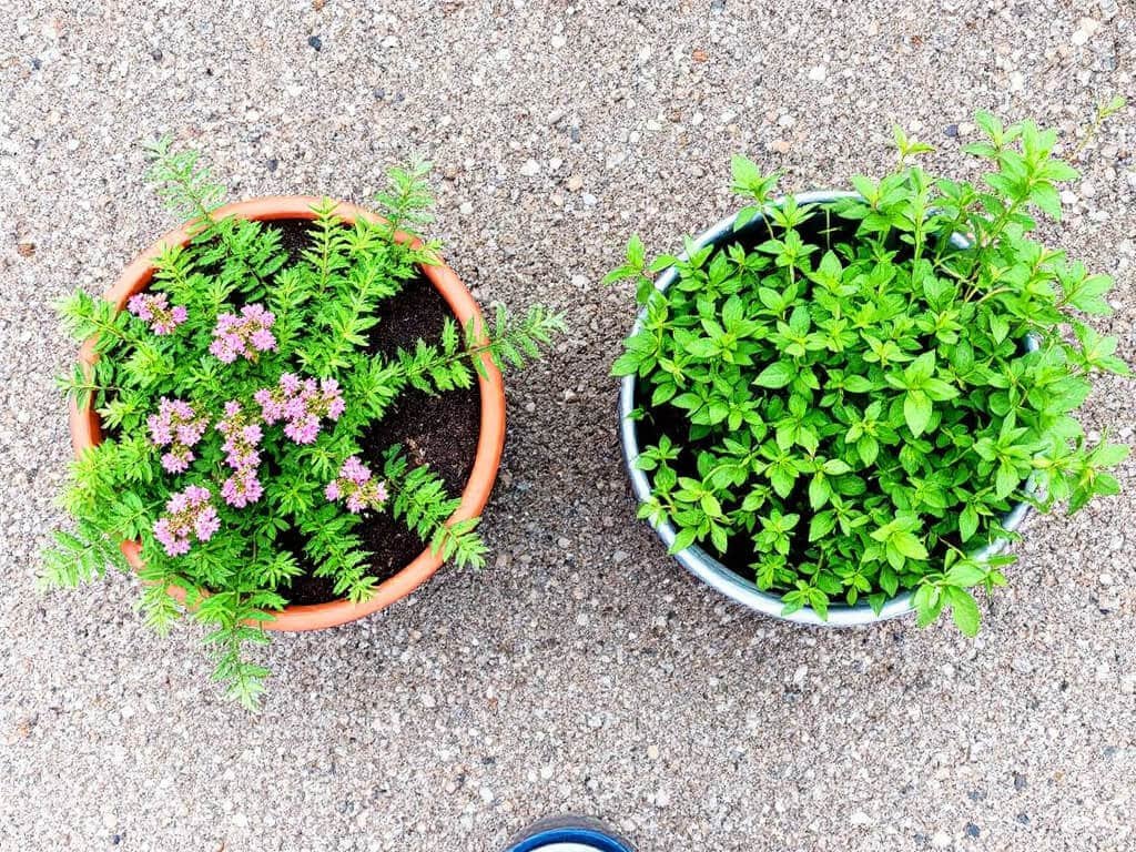 A potted spirea beside a separate tub of spreading spearmint on a gravel patio, shown from above
