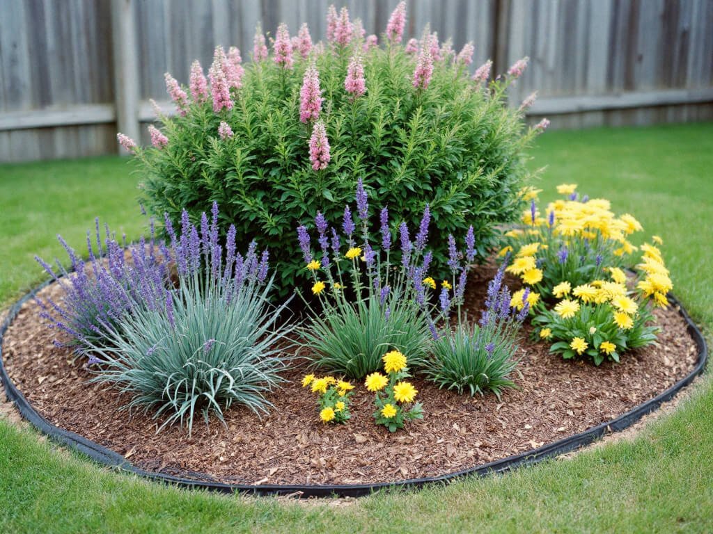 Garden border with spirea at the back, salvia in the middle, lavender and coreopsis in front, spaced with mulch gaps