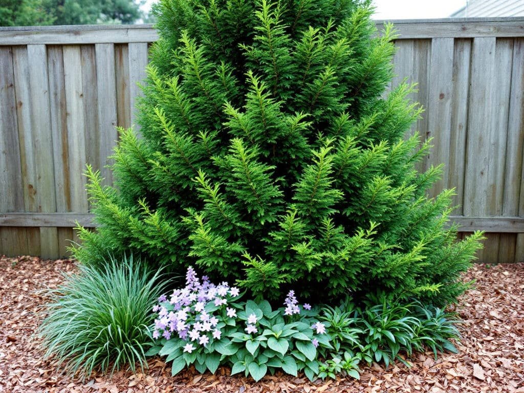 Eastern arborvitae in a garden border with Pennsylvania sedge, hostas, and woodland phlox growing beneath it.