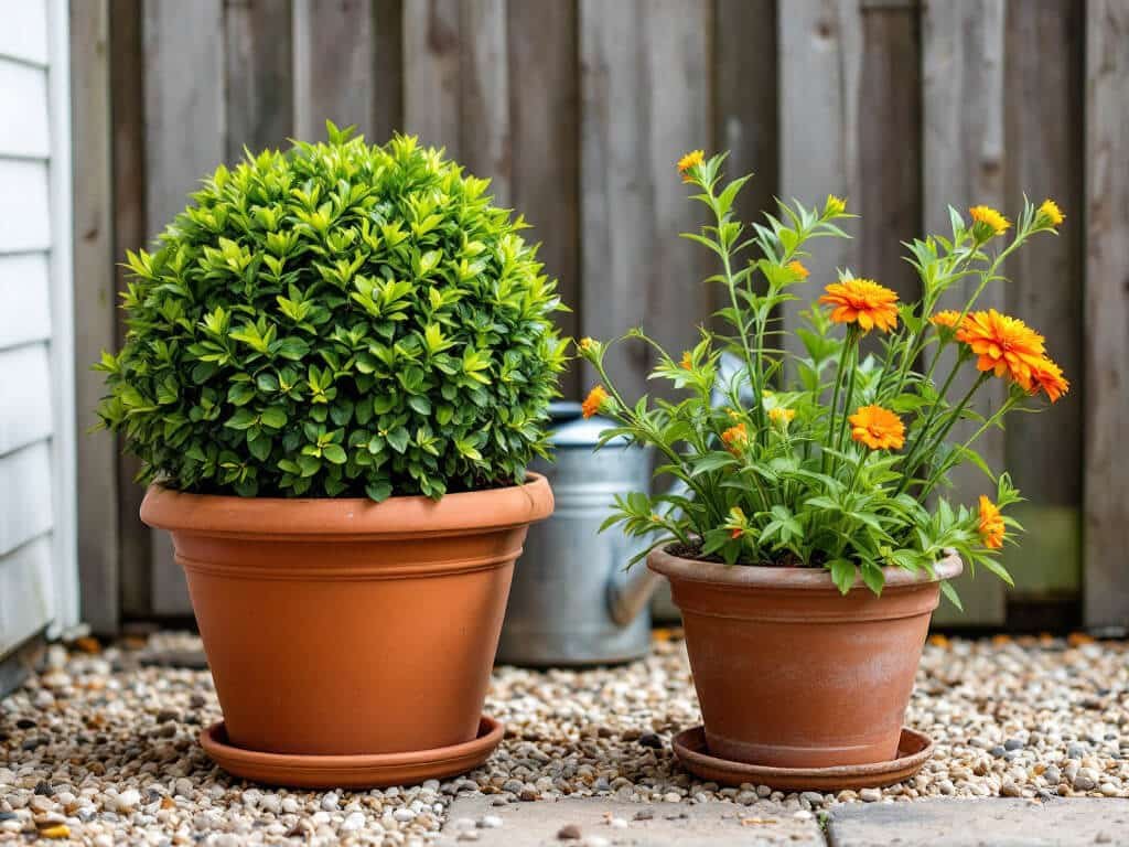 A dwarf arborvitae and a leggy zinnia in separate terracotta pots side by side on a patio.