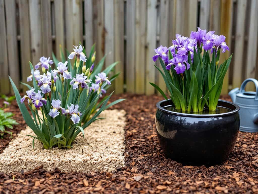 Bearded iris in a dry raised bed beside Japanese iris in a moist container, kept separate