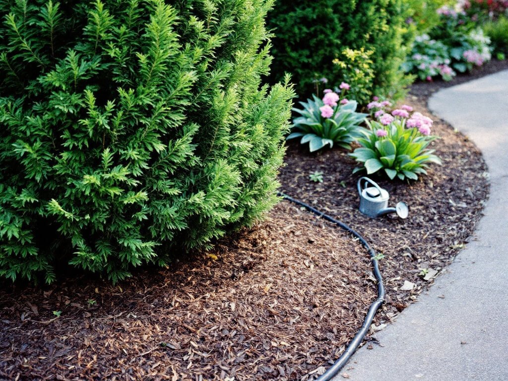 Arborvitae with a mulch-free trunk ring and spaced sedge, hosta, and hardy geranium plantings in a garden bed.