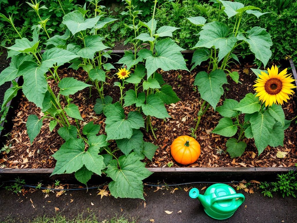 Pole beans climbing sweet corn with a pumpkin plant sprawling below in a raised garden bed with a sunflower nearby.