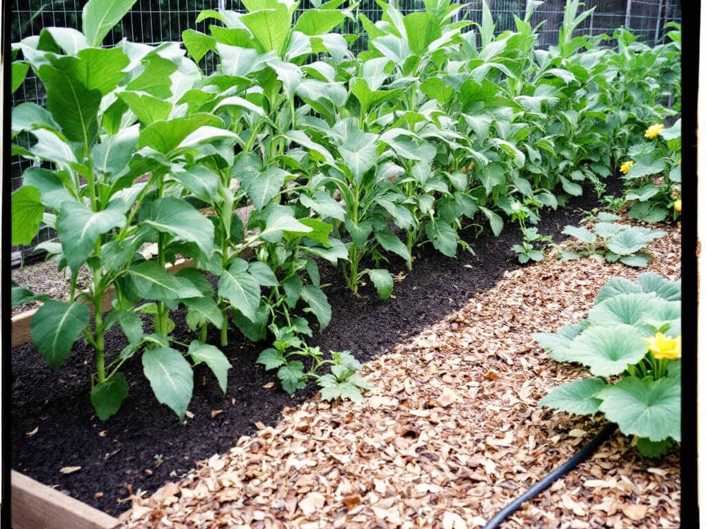 Raised bed with evenly spaced sweet corn, pole beans climbing the stalks, and squash vines running out over the bed's edge.