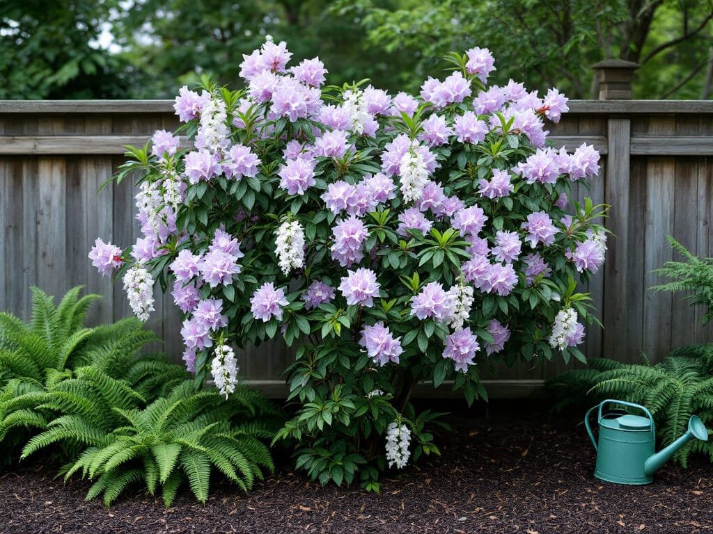 Rhododendron in bloom growing beside pieris and Christmas fern in a shaded home garden border.