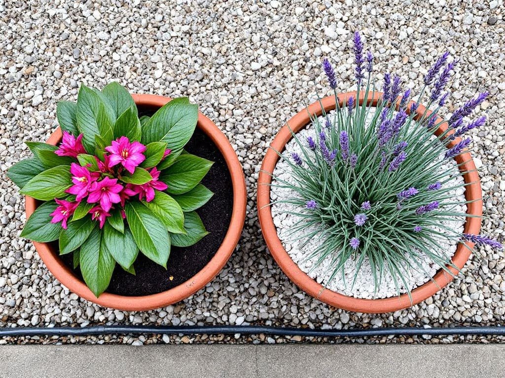 Rhododendron and lavender in separate terracotta pots on a patio, showing plants with incompatible soil needs.