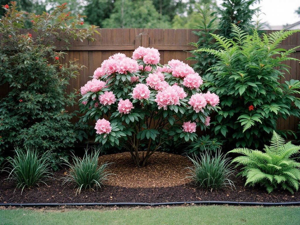 Layered shade bed with rhododendron at center, taller pieris and camellia behind, liriope and fern in front.