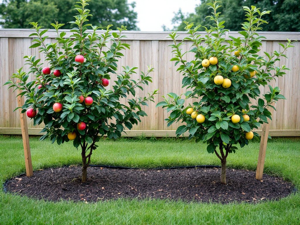 Two apple trees with different fruit colors, each in a mulch ring, with mown fescue grass growing between them.