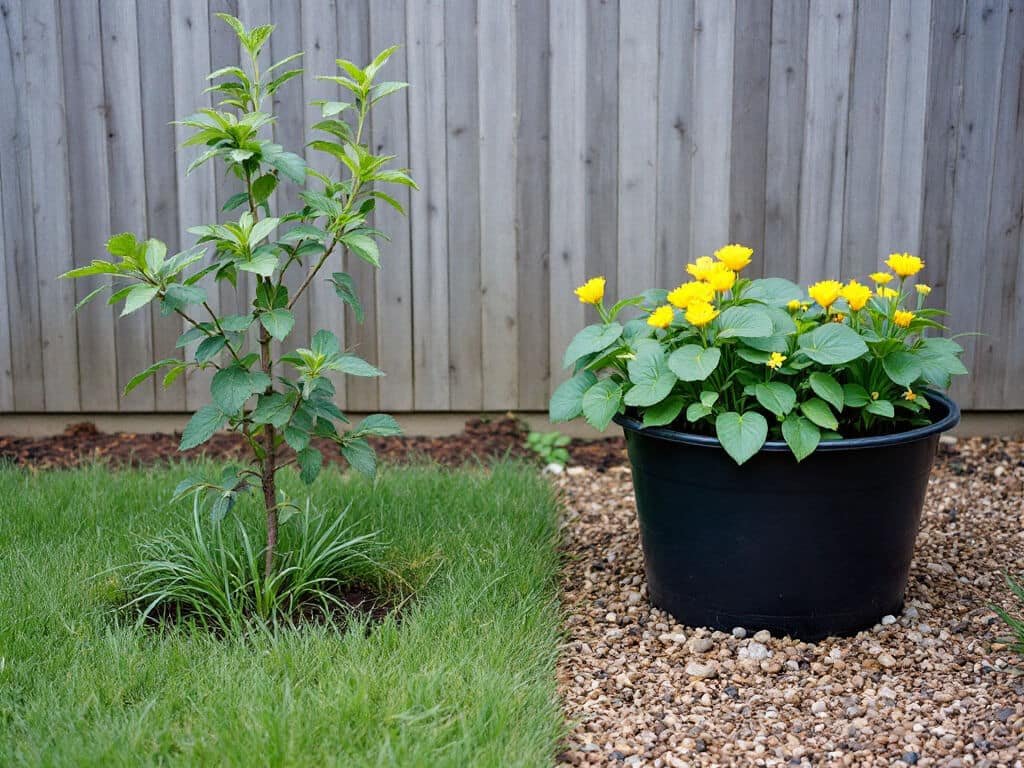 A young apple tree surrounded by turf grass beside a separate tub of water holding marsh marigold.