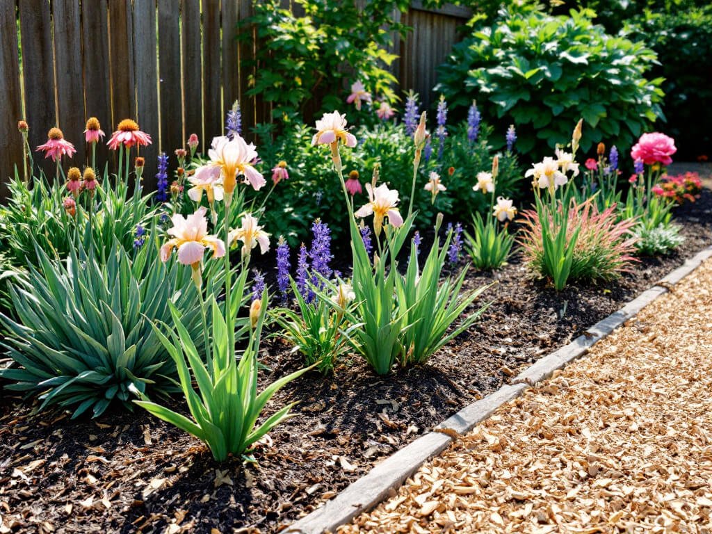 Bearded iris rhizomes spaced apart in a sunny bed with stonecrop, coneflower, salvia, and a peony nearby