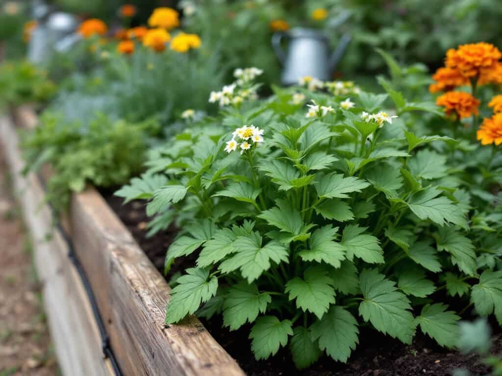 Flat-leaf parsley growing in a raised bed beside dill, sweet alyssum, and French marigolds.