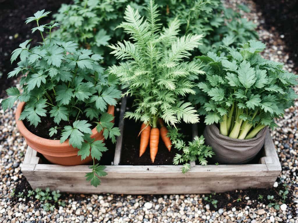 Parsley in a pot kept apart from a raised bed of carrots and a grow bag of celery.