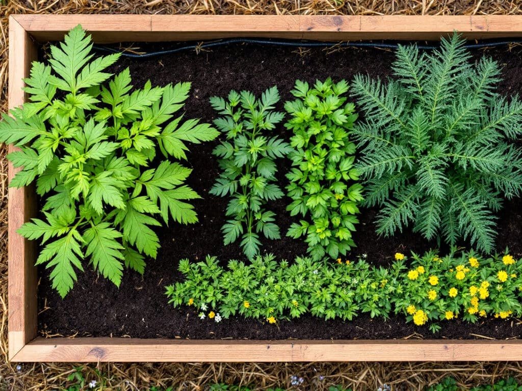 Top-down view of a raised bed with parsley, tomato, dill, and sweet alyssum arranged with space between them.