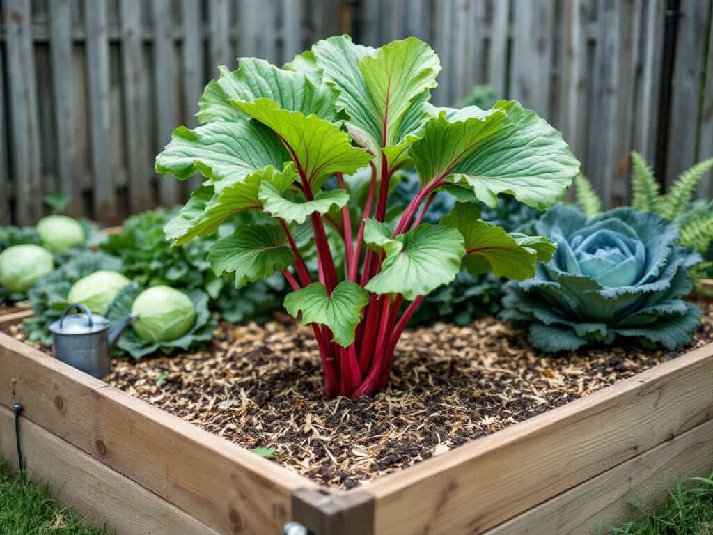 Rhubarb plant in a raised bed with cabbage, kale, and asparagus ferns planted beyond its mulched crown area.