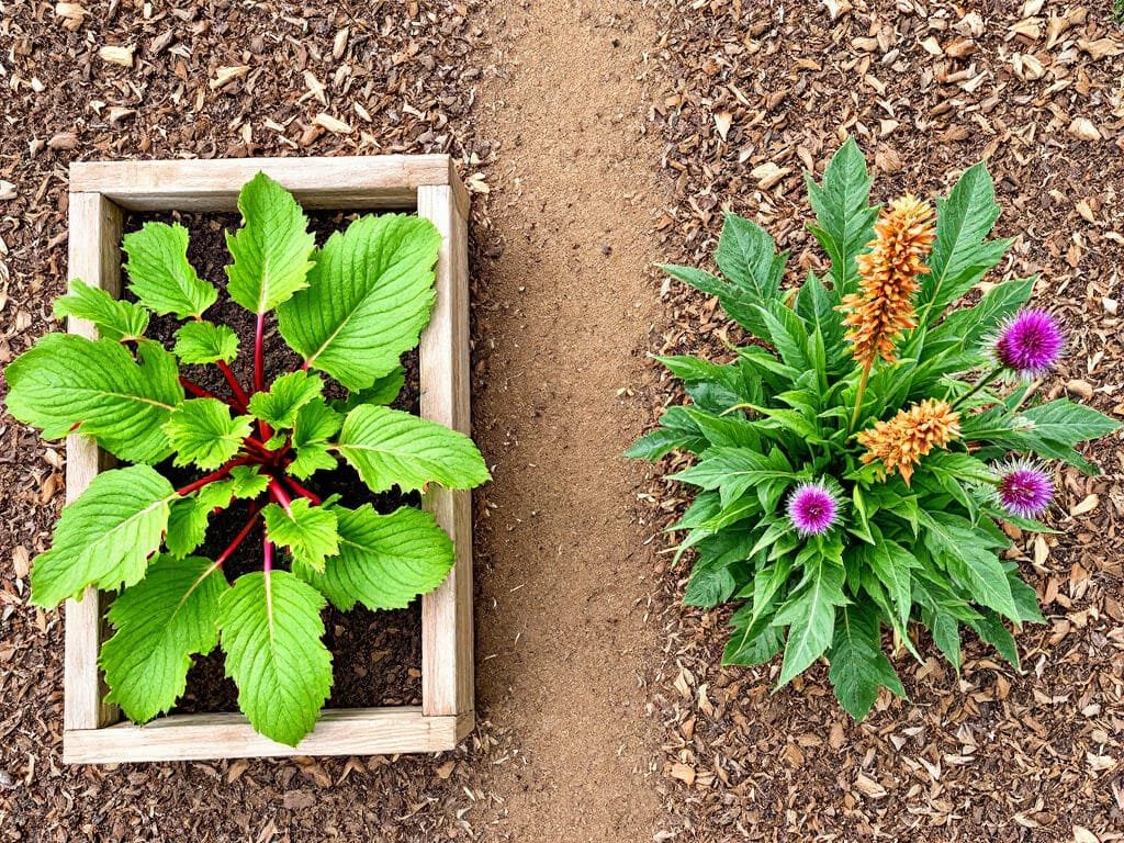 Rhubarb in a raised bed beside a separate patch of curly dock and thistle, the weeds that host rhubarb curculio.