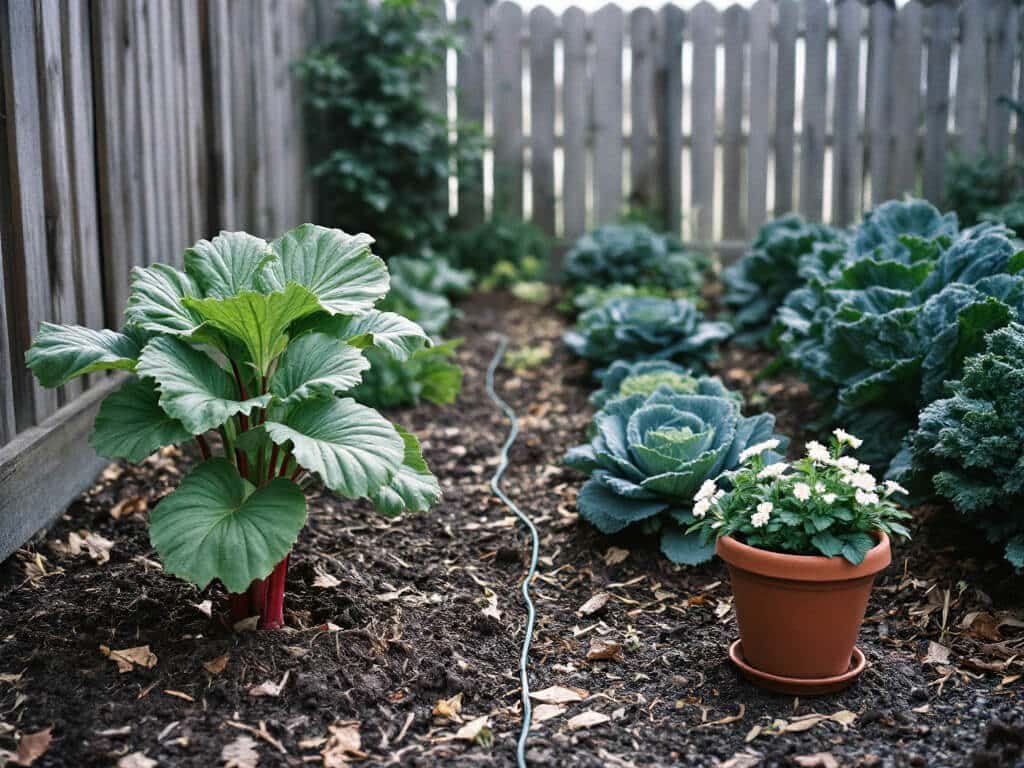 Rhubarb crown with open space around it, brassicas at the bed's edge, and strawberries in a separate pot.