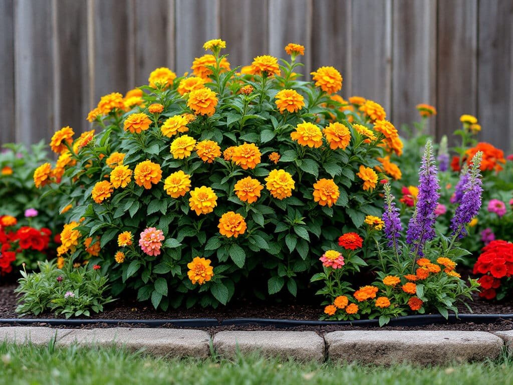 Lantana shrub growing in a sunny garden border beside zinnias, purple salvia, and pink verbena.