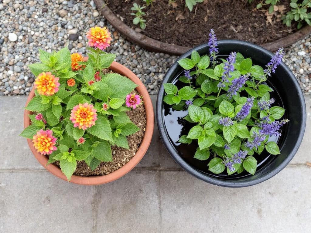 Lantana in a dry terracotta pot beside a tub of pickerelweed standing in water, kept in separate containers.